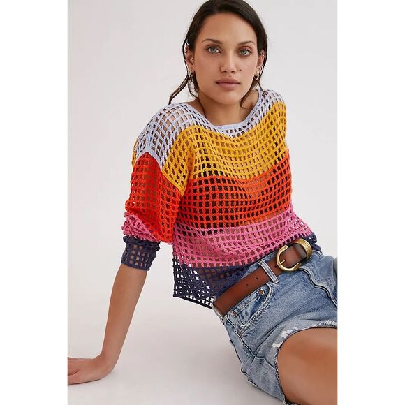 Anthropologie Maeve Crochet Long Sleeve OS Top/ Beach Cover Rainbow Boho Relaxed - Picture 10 of 10